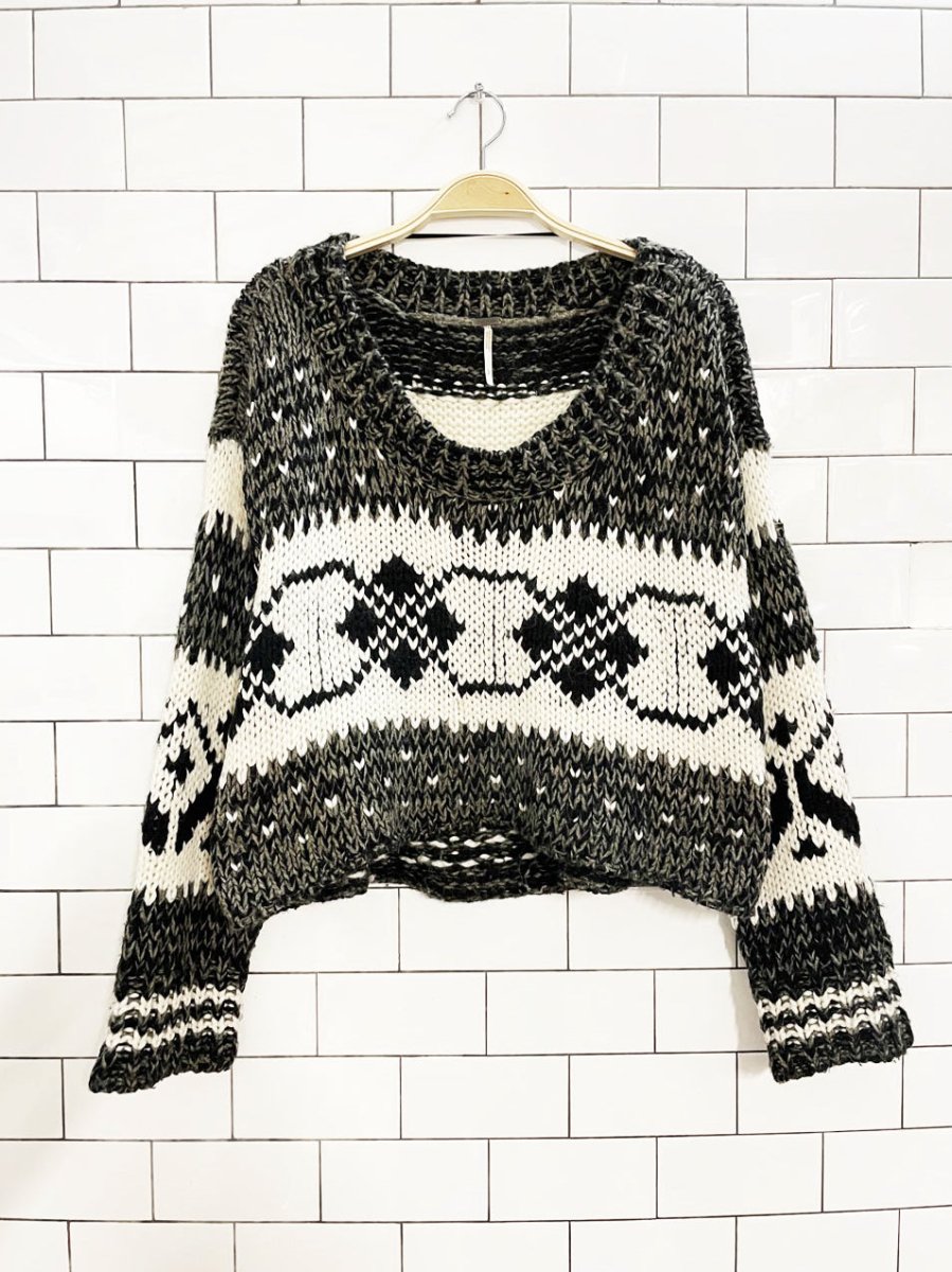 free people alpaca - wool fair isle boxy cropped knit sweater - good market thrift store