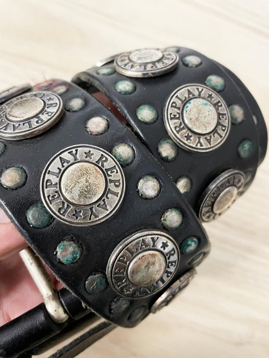 vintage 90s replay studded heavy leather belt - good market thrift store