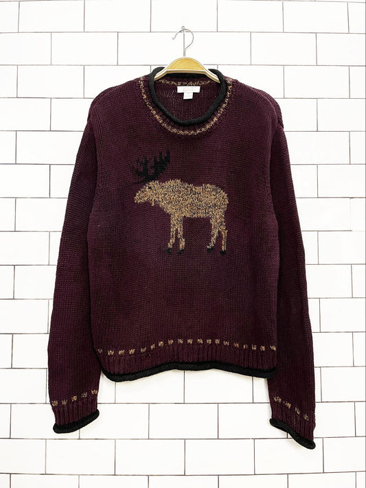 vintage 00s christopher & banks ramie-blend knit moose rolled edge sweater