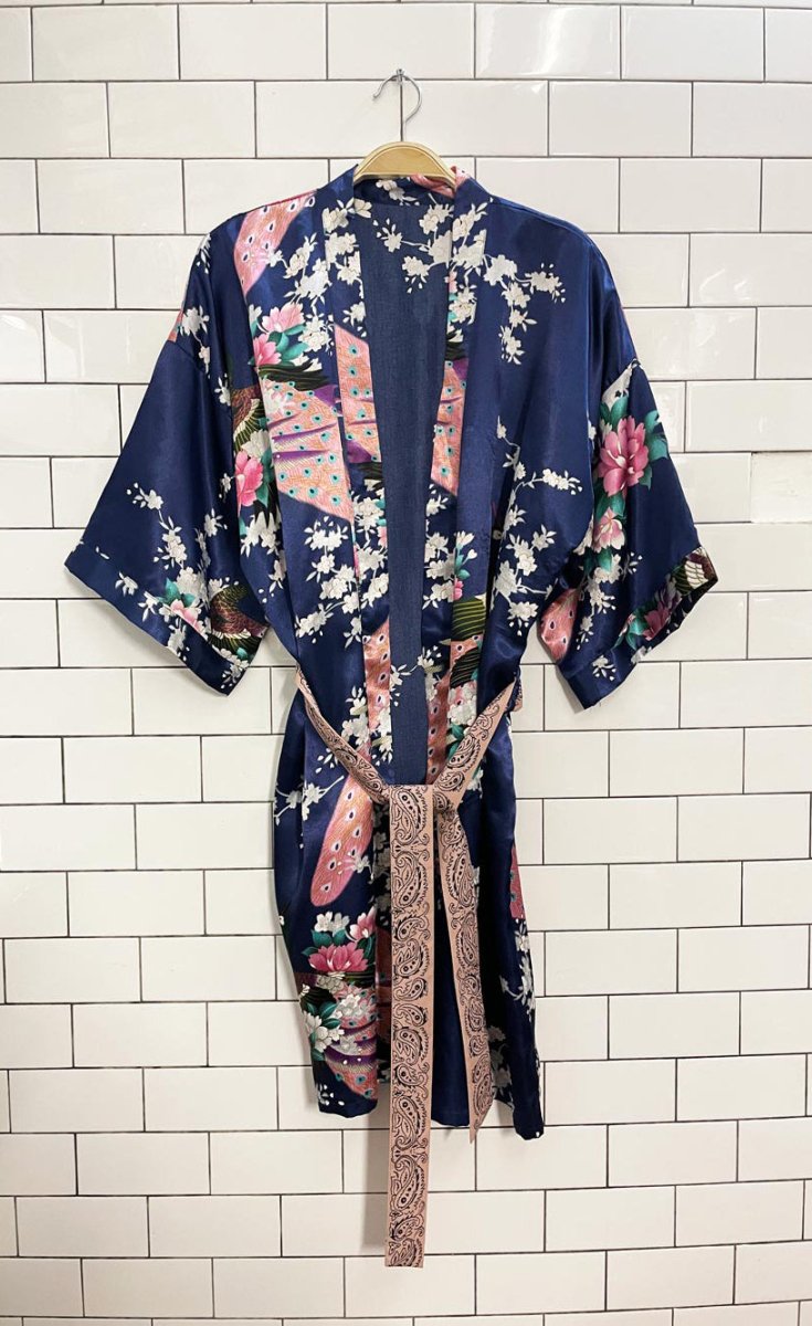 thai satin floral peacock robe w vintage bandana belt - good market thrift store