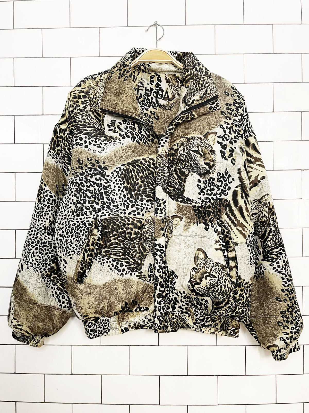 vintage fuda international 100% silk animal print bomber jacket