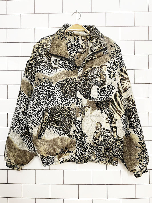 vintage fuda international 100% silk animal print bomber jacket