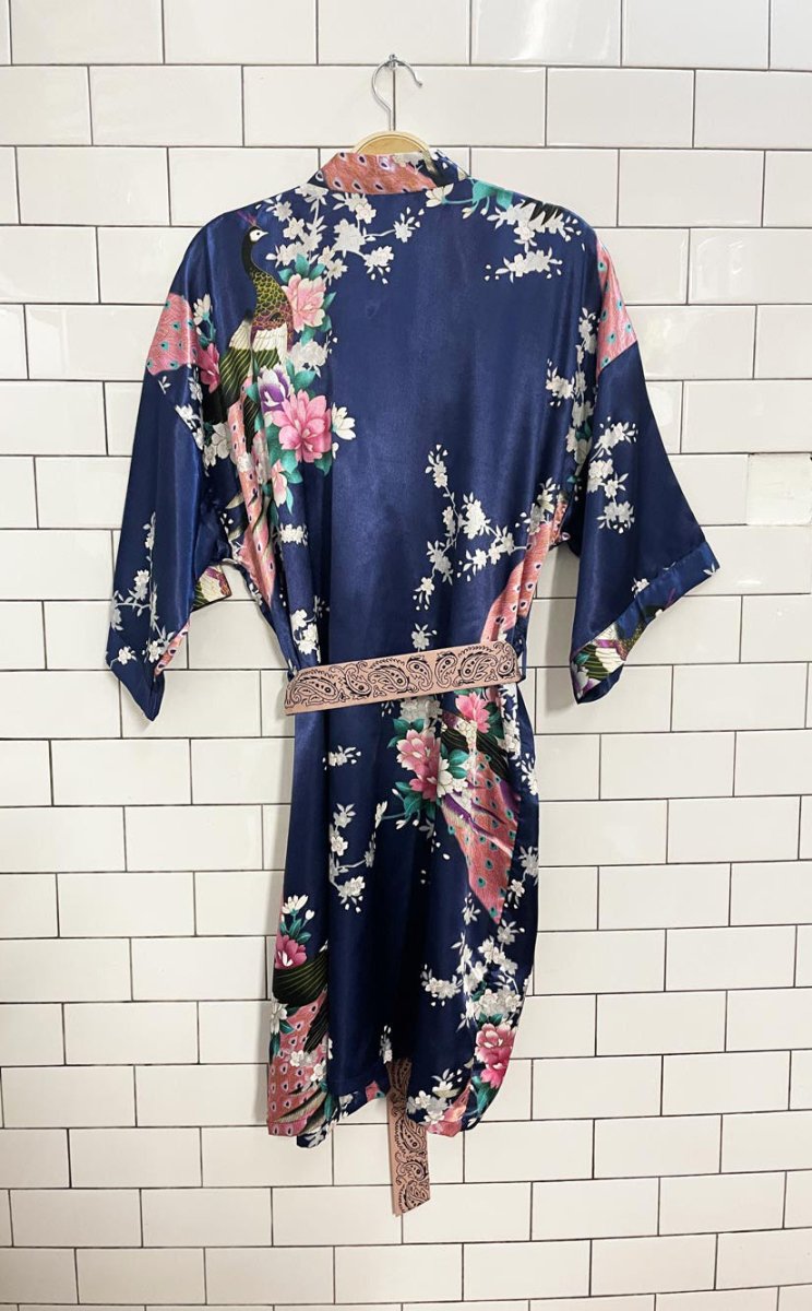 thai satin floral peacock robe w vintage bandana belt - good market thrift store