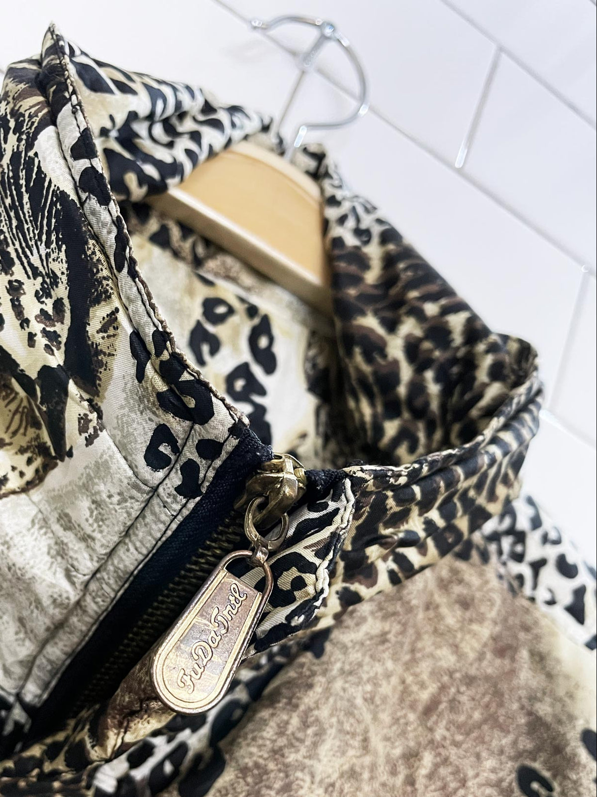 vintage fuda international 100% silk animal print bomber jacket