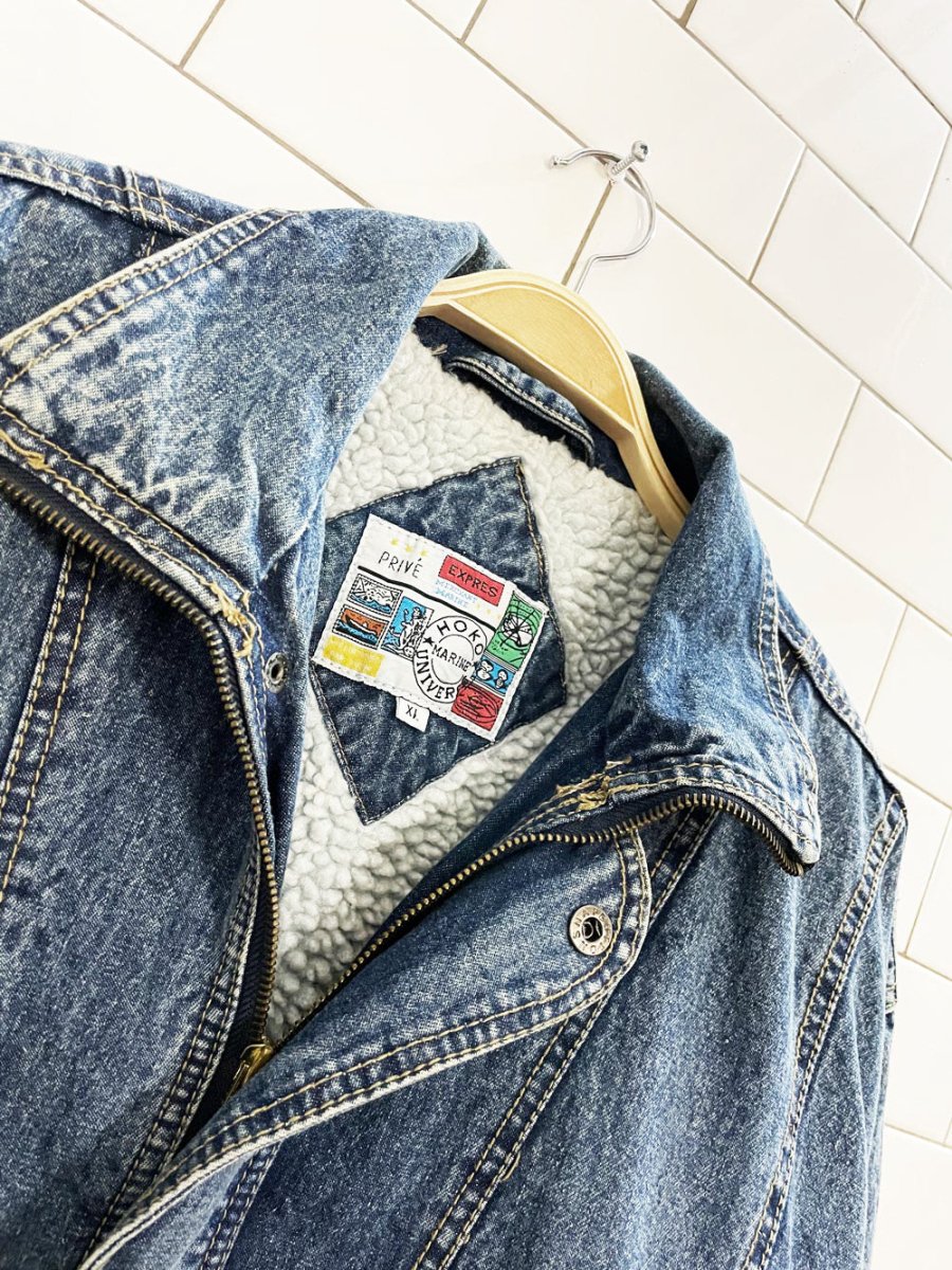 vintage 90s hoko marine universe sherpa lined denim bomber jacket - good market thrift store
