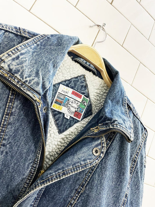 vintage 90s hoko marine universe sherpa lined denim bomber jacket - good market thrift store