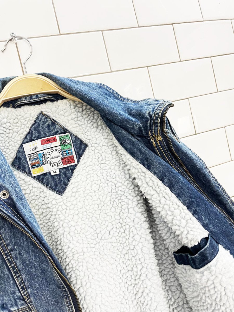 vintage 90s hoko marine universe sherpa lined denim bomber jacket - good market thrift store