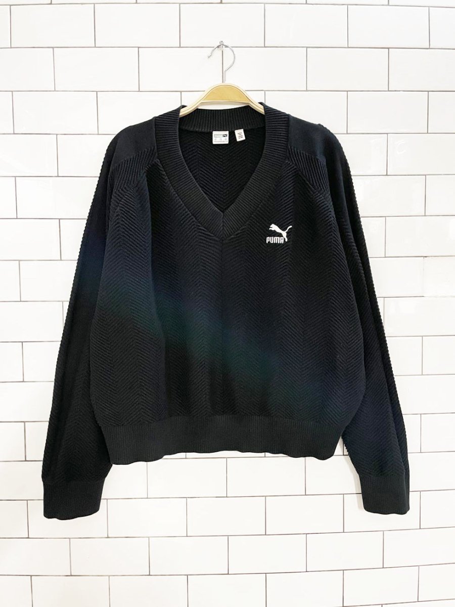 puma herrringbone knit v - neck cotton sweater - good market thrift store