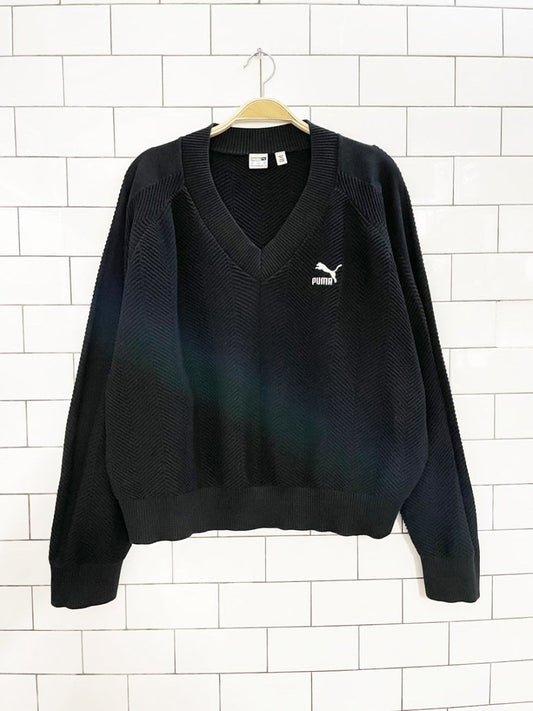 puma herrringbone knit v - neck cotton sweater - good market thrift store