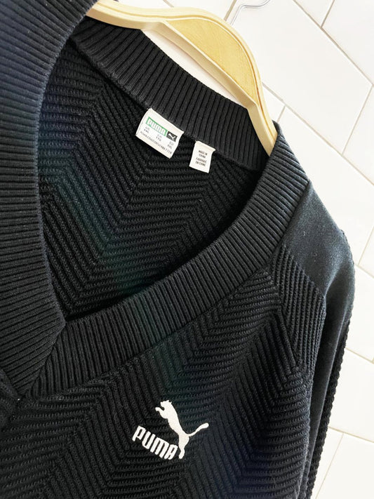 puma herrringbone knit v - neck cotton sweater - good market thrift store
