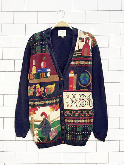vintage susan bristol hand-embroidered school teacher knit cardigan