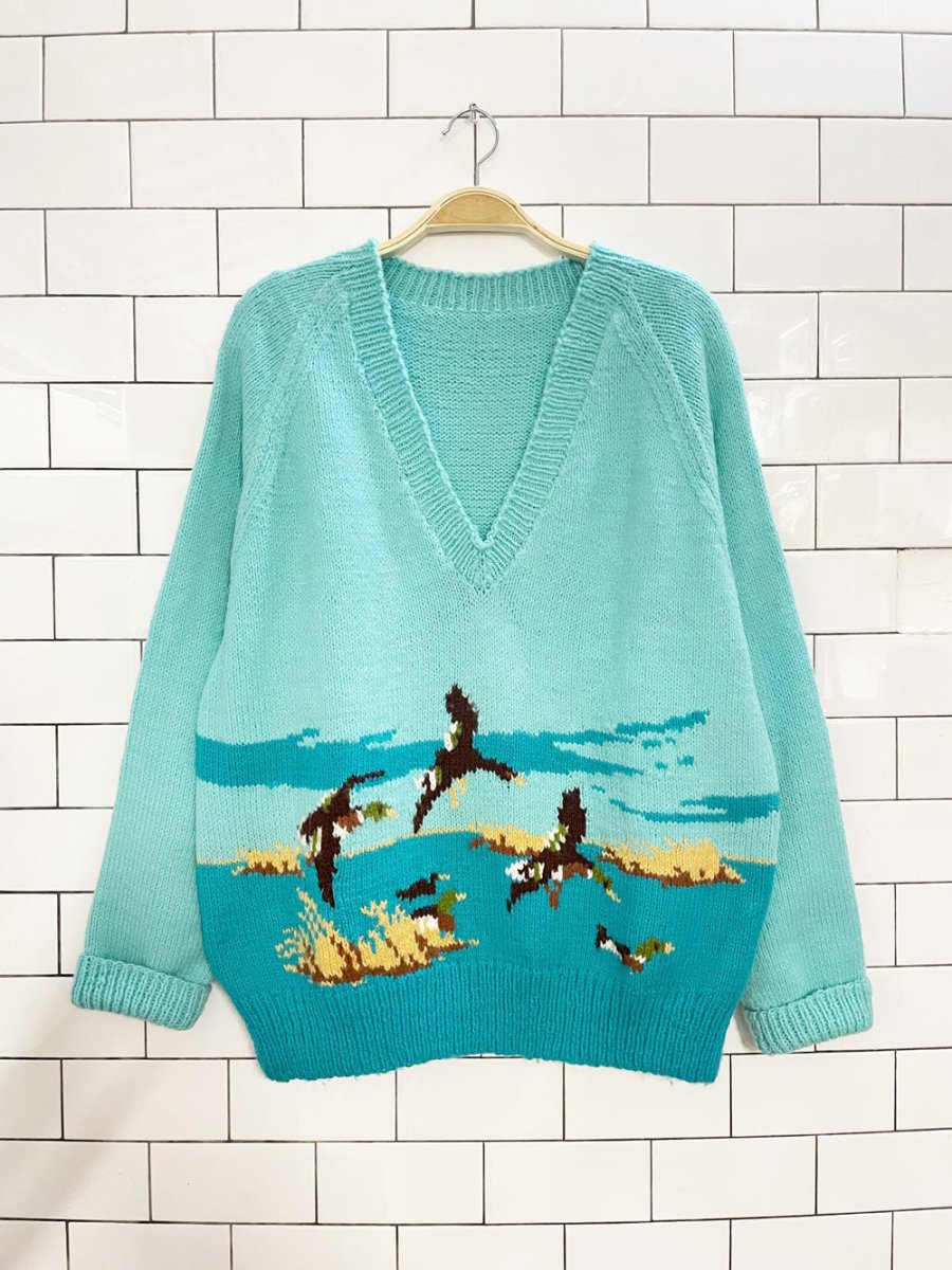 vintage hand - knit duck hunt v - neck sweater - good market thrift store