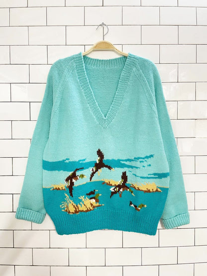 vintage hand - knit duck hunt v - neck sweater - good market thrift store