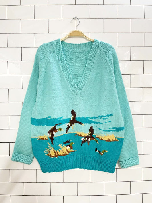 vintage hand - knit duck hunt v - neck sweater - good market thrift store