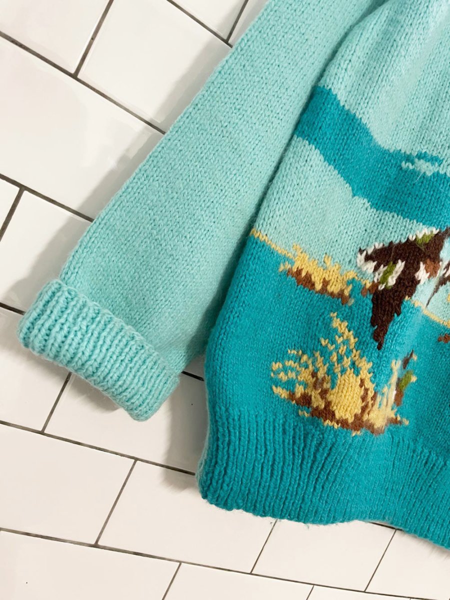 vintage hand - knit duck hunt v - neck sweater - good market thrift store