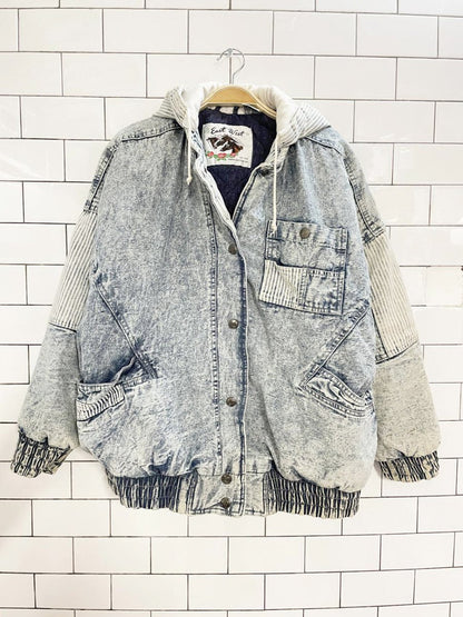 vintage 90s east west hooded striped acid wash denim bomber jacket - good market thrift store