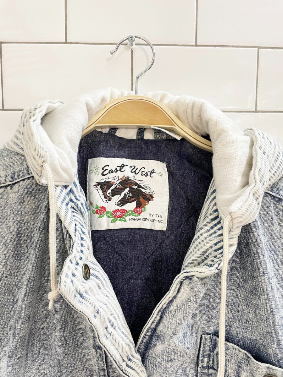 vintage 90s east west hooded striped acid wash denim bomber jacket - good market thrift store