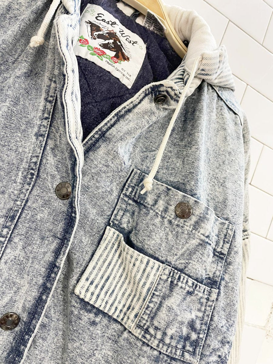 vintage 90s east west hooded striped acid wash denim bomber jacket - good market thrift store