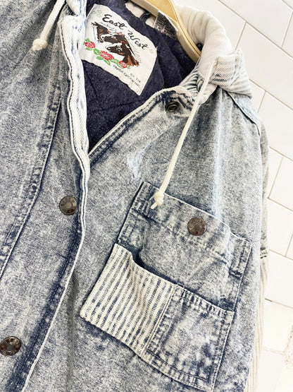 vintage 90s east west hooded striped acid wash denim bomber jacket - good market thrift store