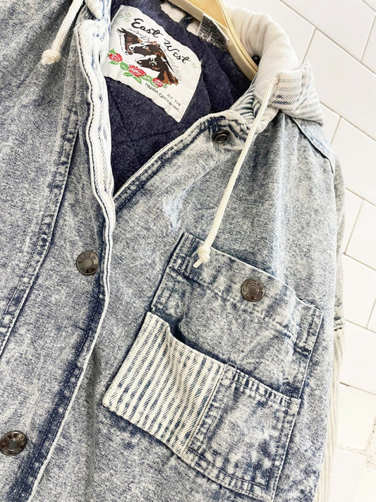 vintage 90s east west hooded striped acid wash denim bomber jacket - good market thrift store