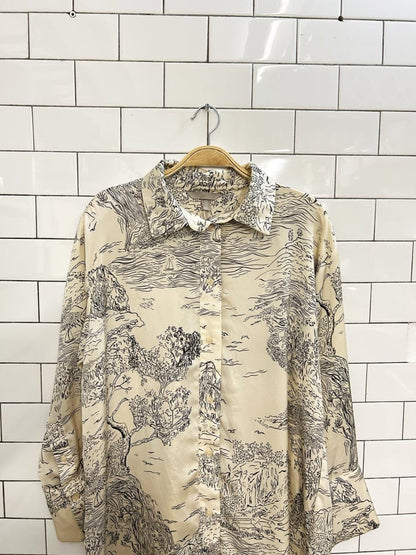 h&m mountain - river scene satin shirt dress - good market thrift store