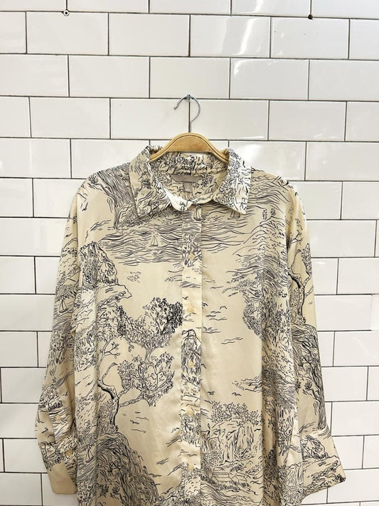 h&m mountain - river scene satin shirt dress - good market thrift store