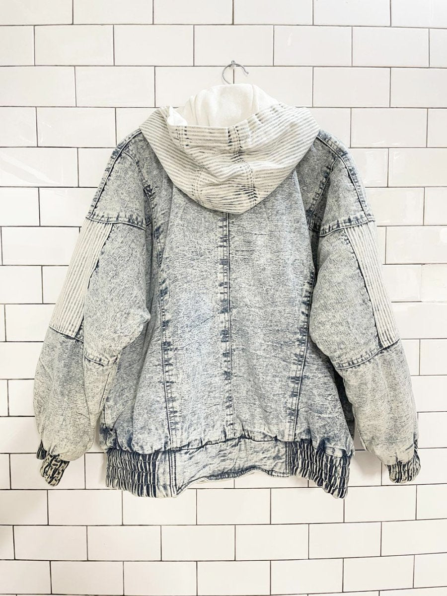 vintage 90s east west hooded striped acid wash denim bomber jacket - good market thrift store