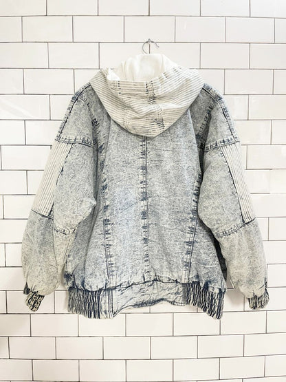 vintage 90s east west hooded striped acid wash denim bomber jacket - good market thrift store