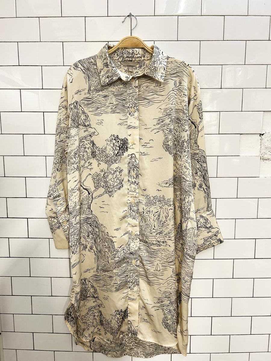 h&m mountain - river scene satin shirt dress - good market thrift store