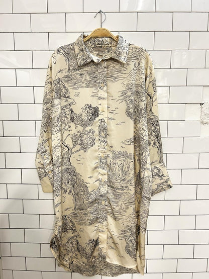 h&m mountain - river scene satin shirt dress - good market thrift store