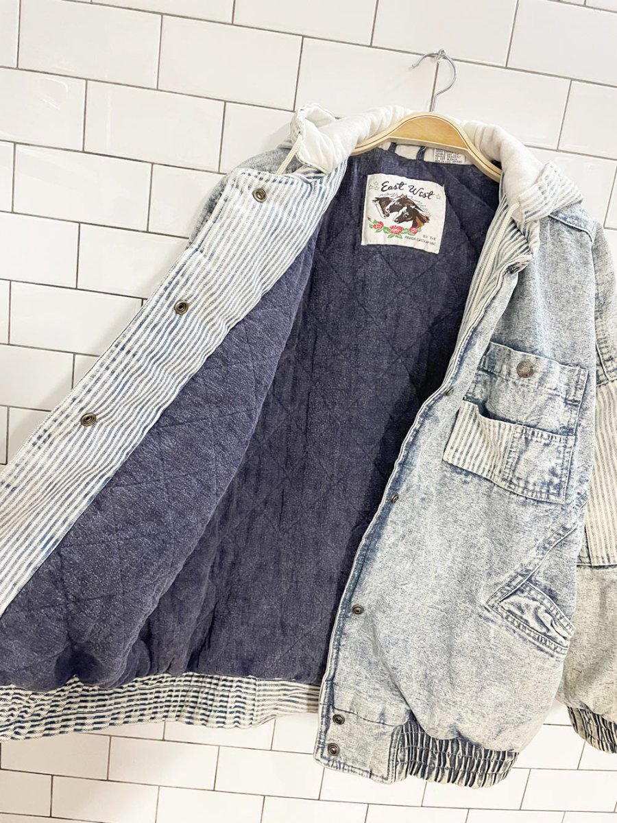 vintage 90s east west hooded striped acid wash denim bomber jacket - good market thrift store