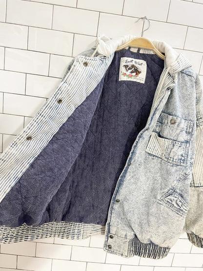 vintage 90s east west hooded striped acid wash denim bomber jacket - good market thrift store