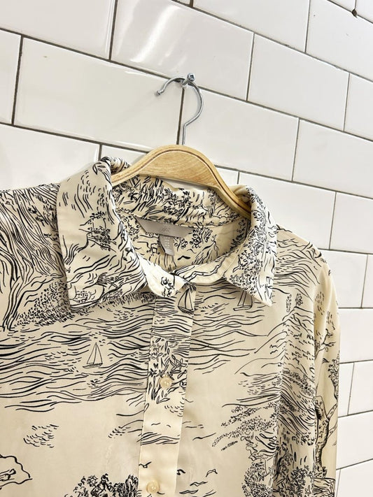 h&m mountain - river scene satin shirt dress - good market thrift store