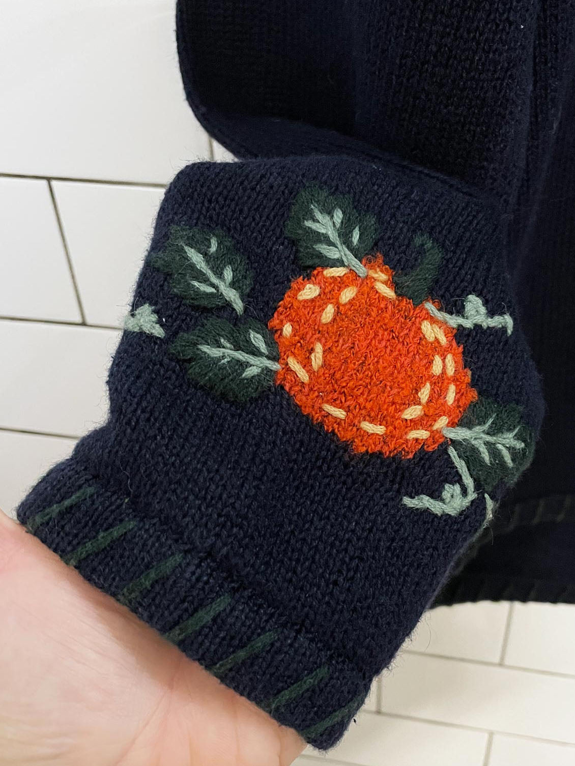vintage christopher & banks ramie-blend hand-embroidered knit pumpkin sweater