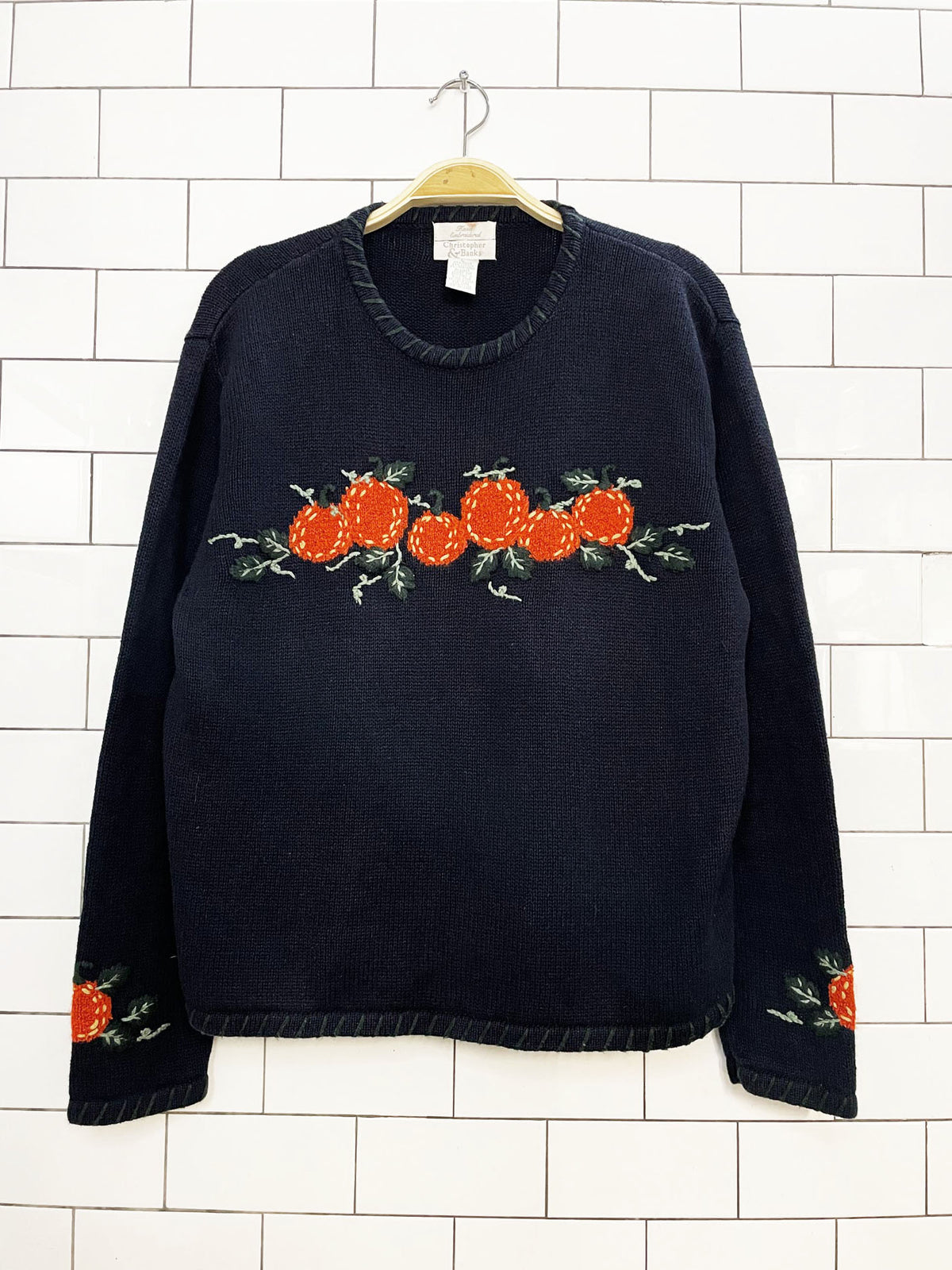 vintage christopher & banks ramie-blend hand-embroidered knit pumpkin sweater