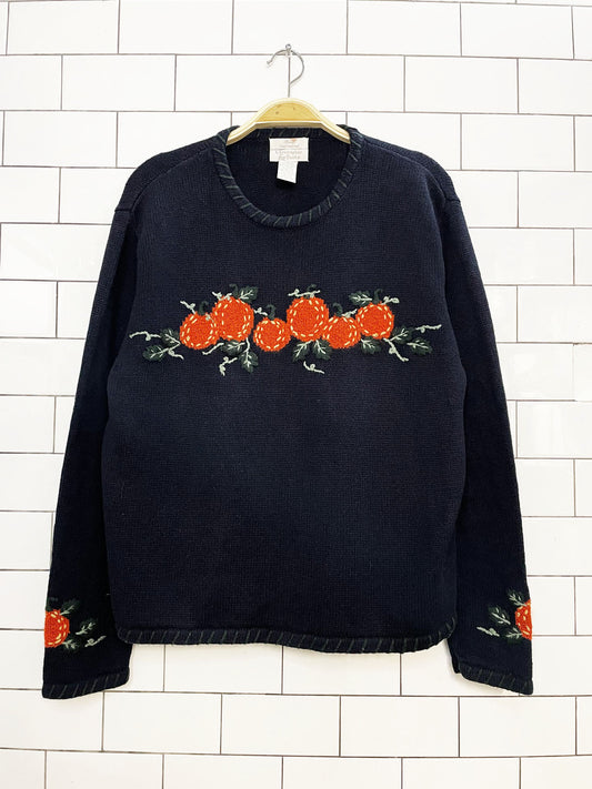 vintage christopher & banks ramie-blend hand-embroidered knit pumpkin sweater