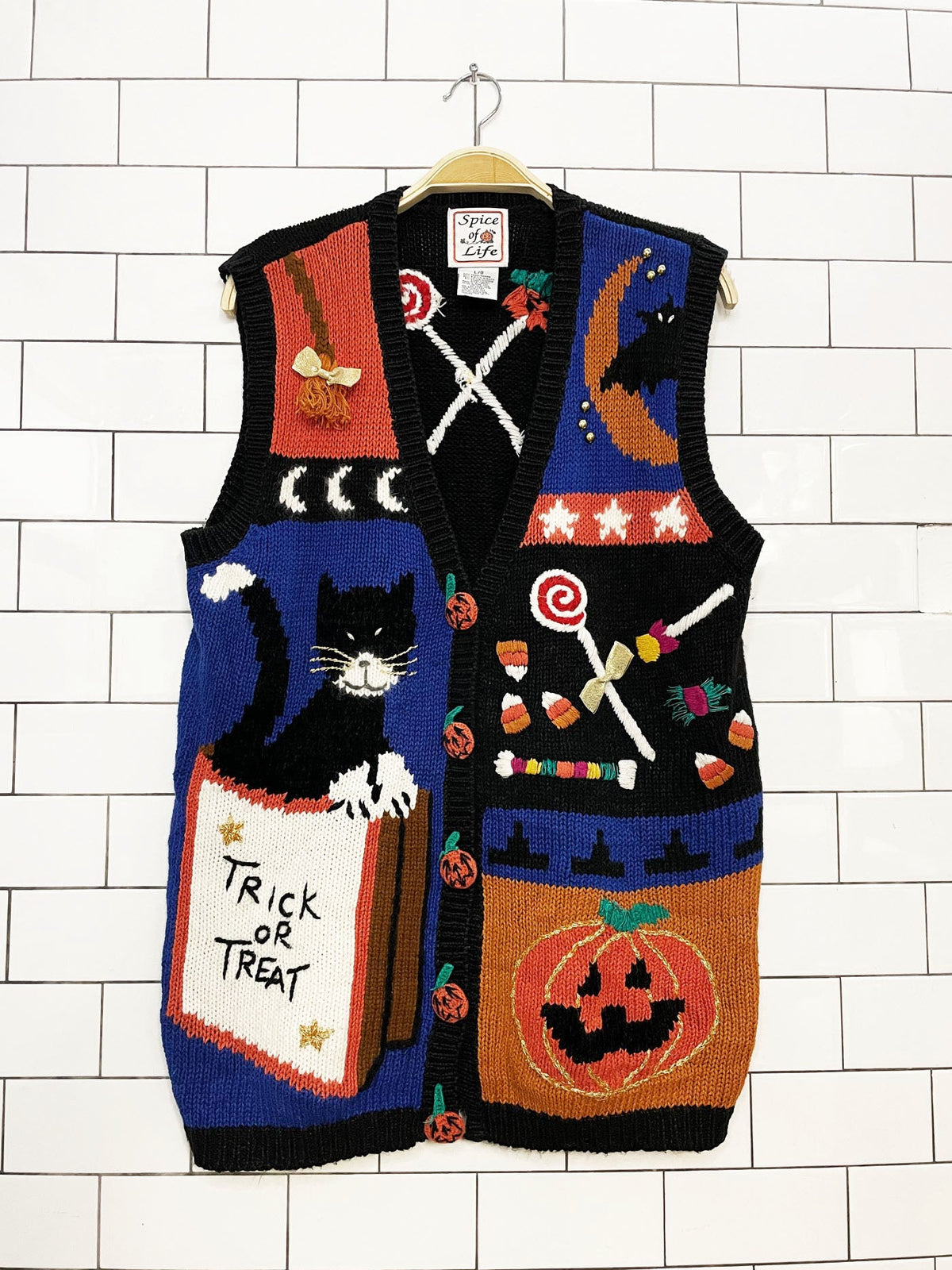 vintage spice of life ramie-blend knit halloween trick or treat vest