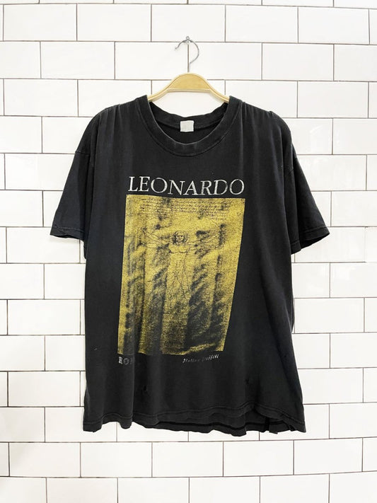 vintage 90s leonardo da vinci vitruvian man art faded distressed tee - good market thrift store