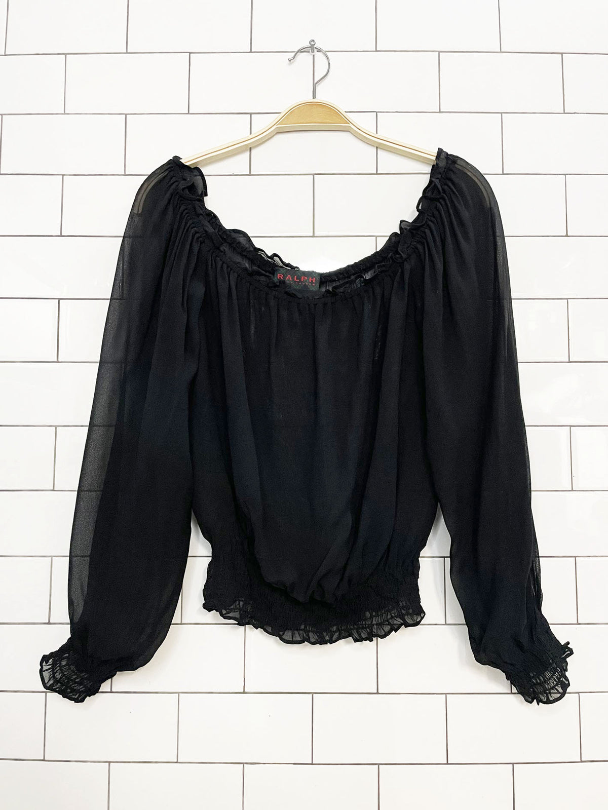 y2k ralph lauren chiffon boho peasant blouse with smocked waist