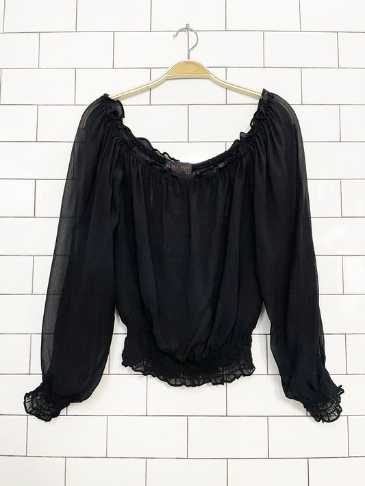 y2k ralph lauren chiffon boho peasant blouse with smocked waist