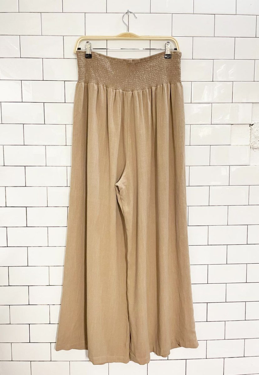 linen - blend smocked waist pleated wide leg pants - good market thrift store
