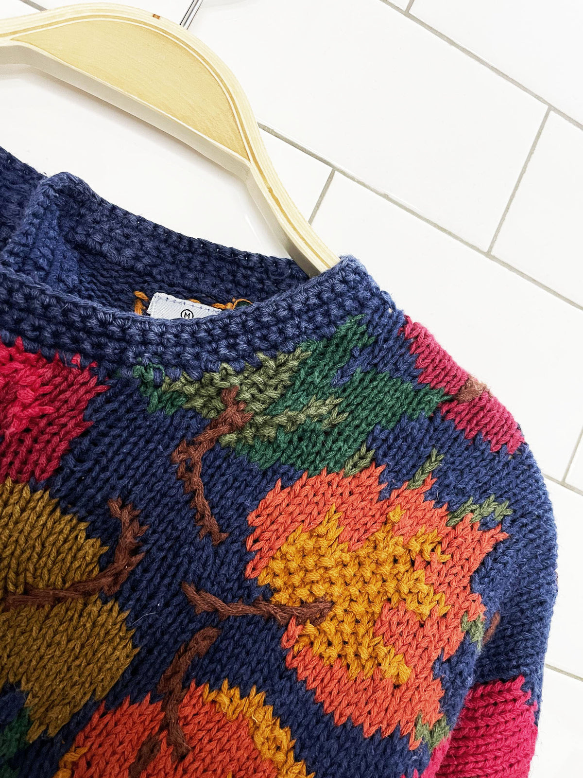 vintage northern isles ramie-blend hand-knit autumn leaves sweater | signature
