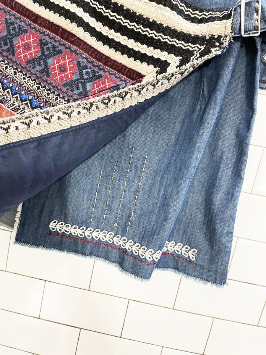 desigual boho patchwork wrap embroidered denim mini skirt - good market thrift store