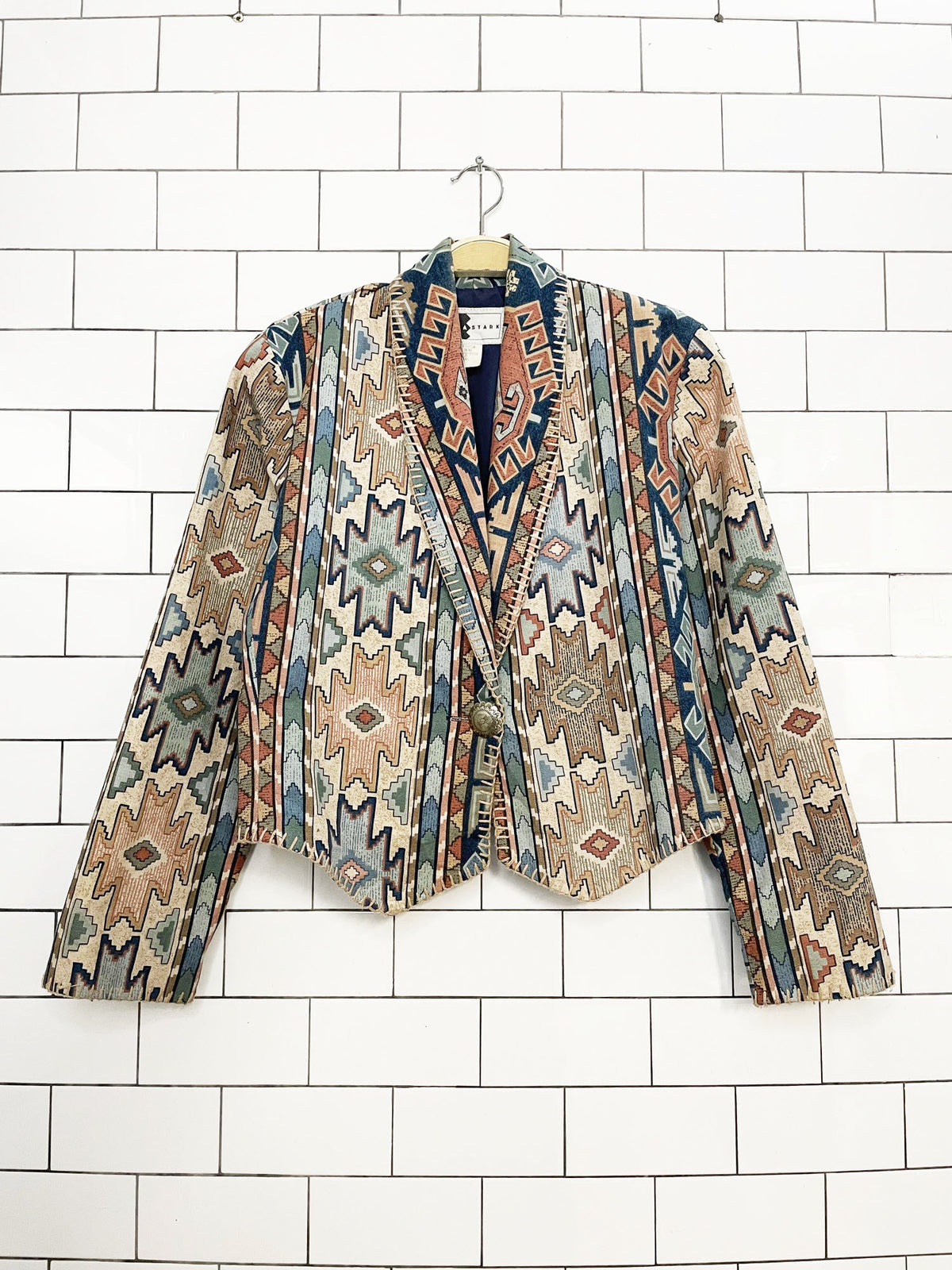vintage rhonda stark southwestern blanket stitch cropped blazer | made in USA
