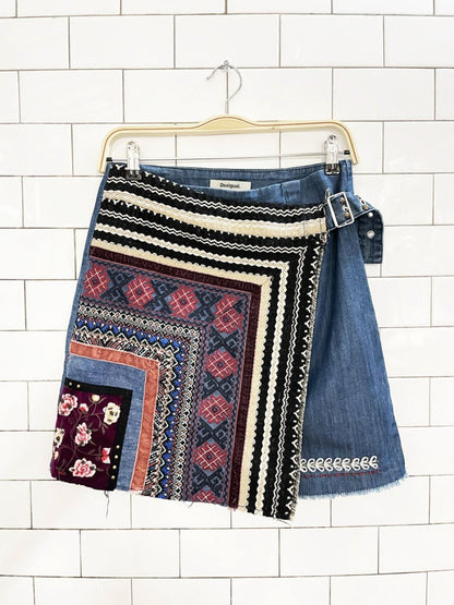 desigual boho patchwork wrap embroidered denim mini skirt - good market thrift store