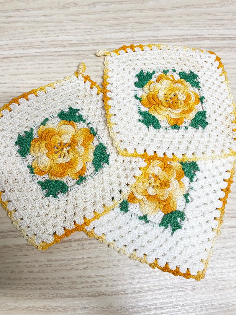 x3 vintage handmade crochet flower pot holders - good market thrift store