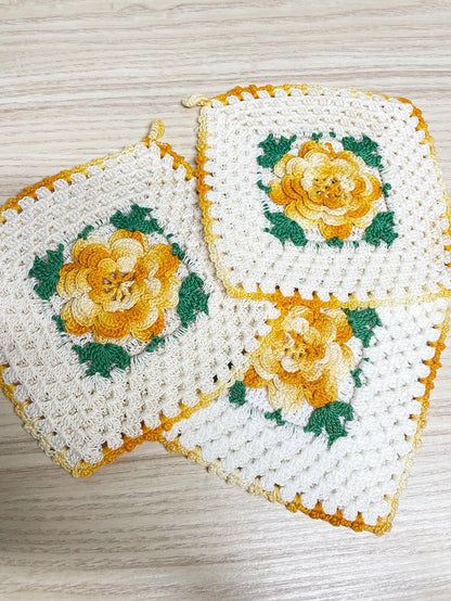x3 vintage handmade crochet flower pot holders - good market thrift store