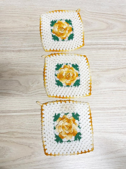 x3 vintage handmade crochet flower pot holders - good market thrift store