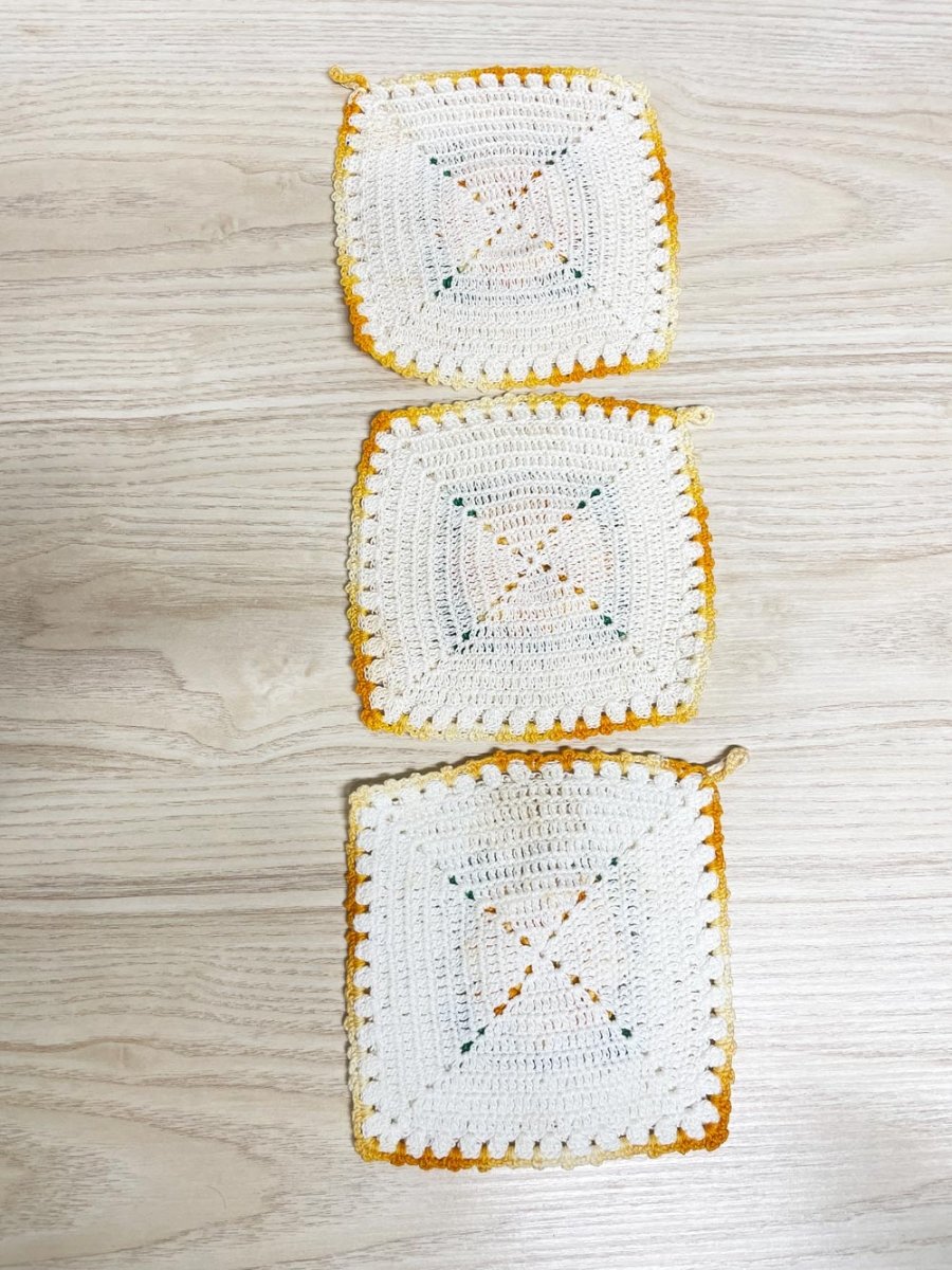 x3 vintage handmade crochet flower pot holders - good market thrift store