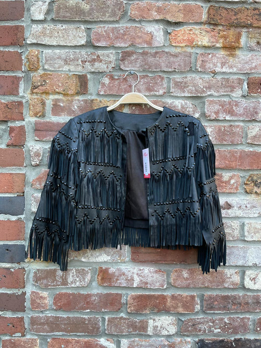 guess marciano butter leather fringe crop leather jacket